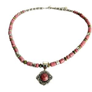 Carolyn Pollack Pink Rhodonite Turquoise Necklace Beaded Sterling Silver 19.5”